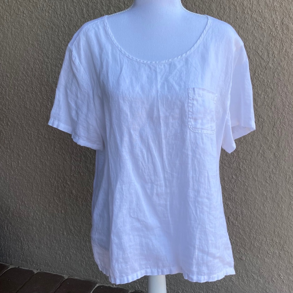 St. Tropez West Linen Top White Blouse Woven Front Knit Back Shirt Sz L